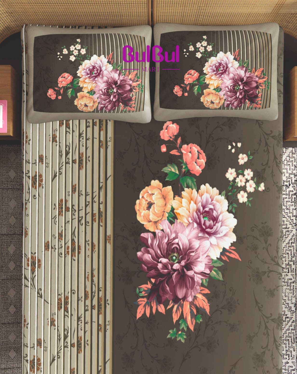 Digital Print Sattan King Size Bedsheet With 2 Pillow Cover